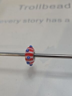 Trollbeads Red and White Striped Glass Bead with Blue Dots